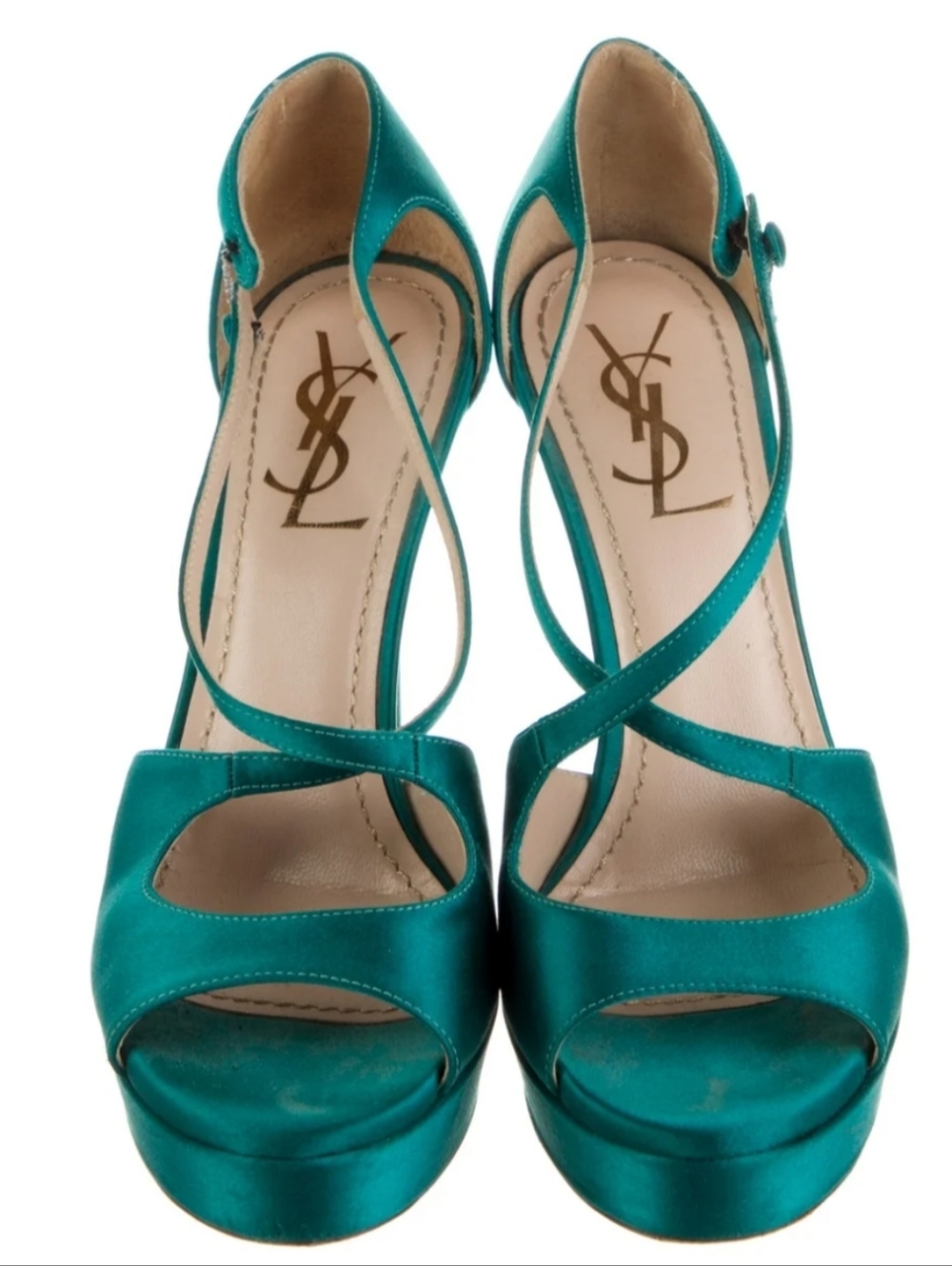 YVES SAINT LAURENT Teal Satin Platform Heels Crisscross Ankle Strap Stiletto